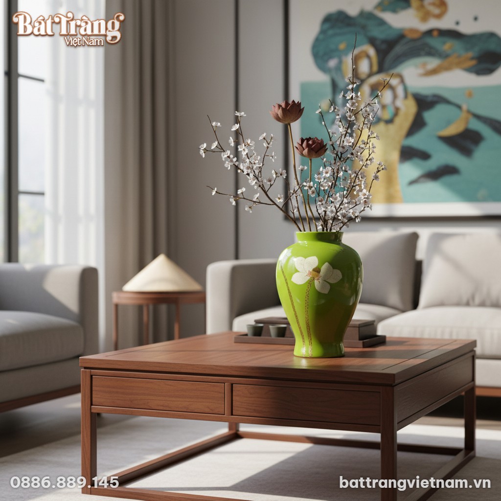 Lọ hoa gốm B&aacute;t Tr&agrave;ng xanh ngọc vẽ sen tr&ecirc;n b&agrave;n ...