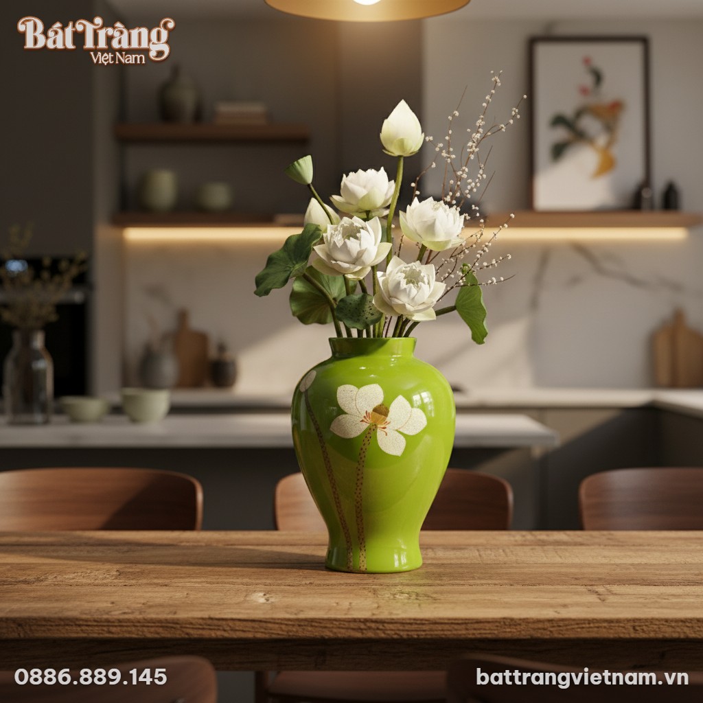 Lọ hoa d&aacute;ng cho&eacute; xanh ngọc cắm sen trắng tr&ecirc;n b...