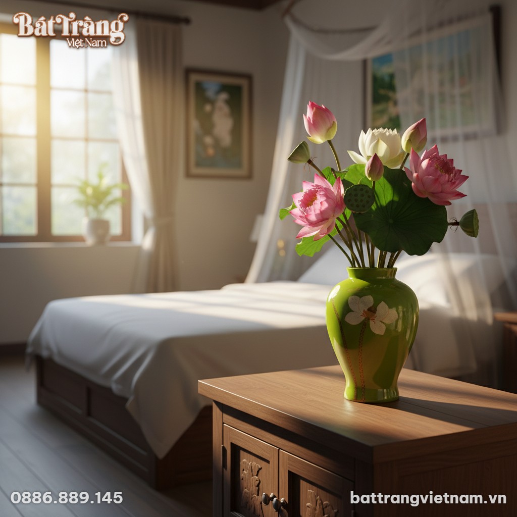 Lọ hoa gốm B&aacute;t Tr&agrave;ng xanh ngọc vẽ sen tr&ecirc;n tủ đ...