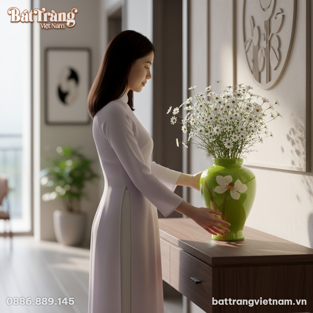 Người mẫu mặc &aacute;o d&agrave;i hiện đại nhẹ nh&agrave;ng đặt lọ ...