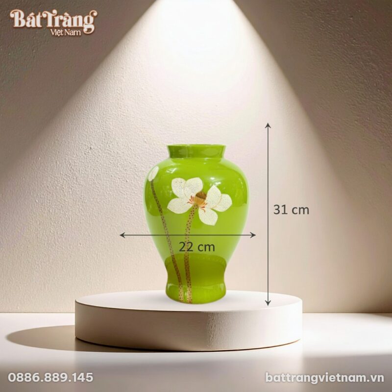Kích thước Lọ hoa dáng choé xanh ngọc vẽ hoa sen g BT-LHS10