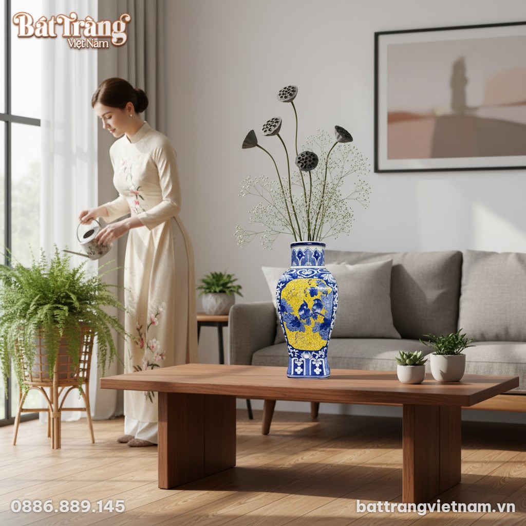 Lọ hoa gốm B&aacute;t Tr&agrave;ng men lam 40cm, họa tiết chi...