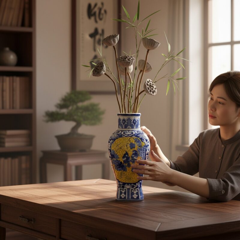 Cận cảnh lọ hoa gốm Bát Tràng men lam 40cm, họa...