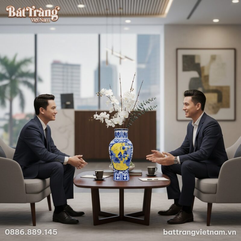 Lọ hoa gốm Bát Tràng men lam 40cm đặt trang trọ...