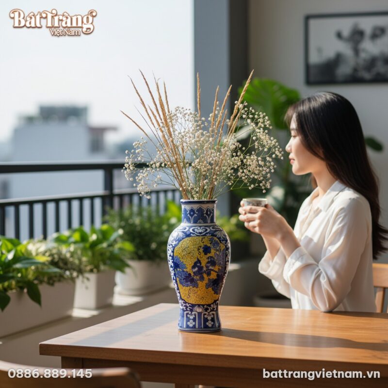 Lọ hoa gốm Bát Tràng men lam 40cm, họa tiết tứ ...