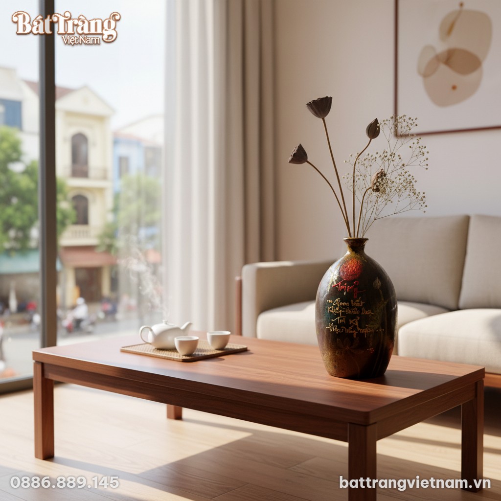 Một lọ hoa gốm men hỏa biến chữ Tri Kỷ đặt tr&ecirc;n...