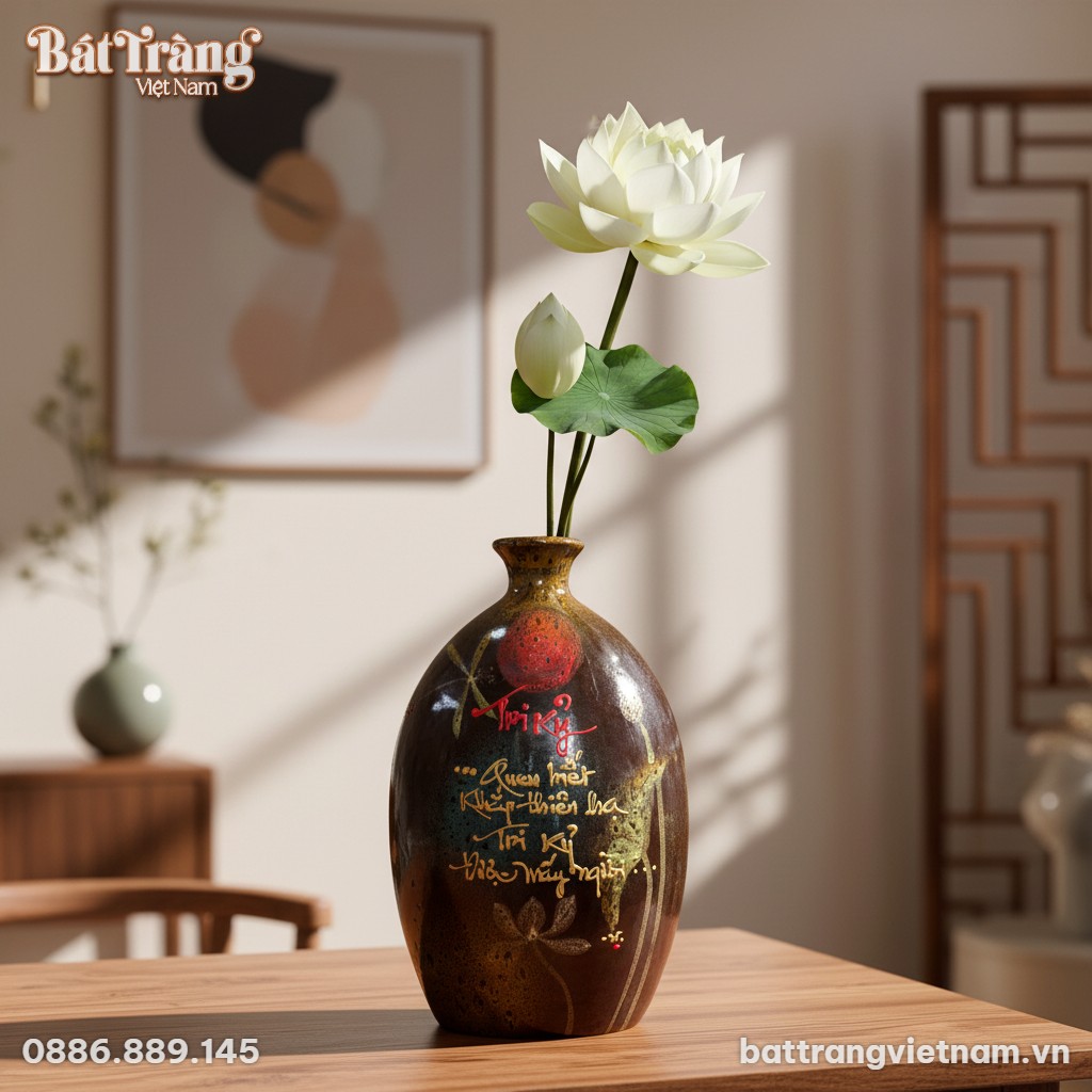 Cận cảnh lọ hoa gốm men hỏa biến chữ Tri Kỷ cao...