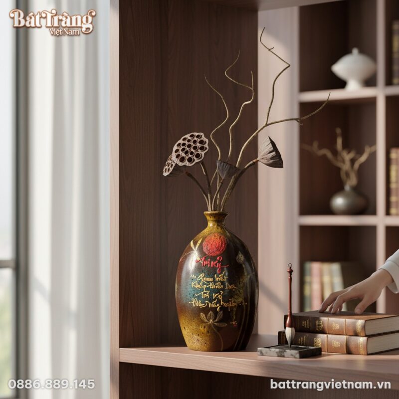 Lọ hoa men hỏa biến Tri Kỷ cao 28cm đặt trên kệ...