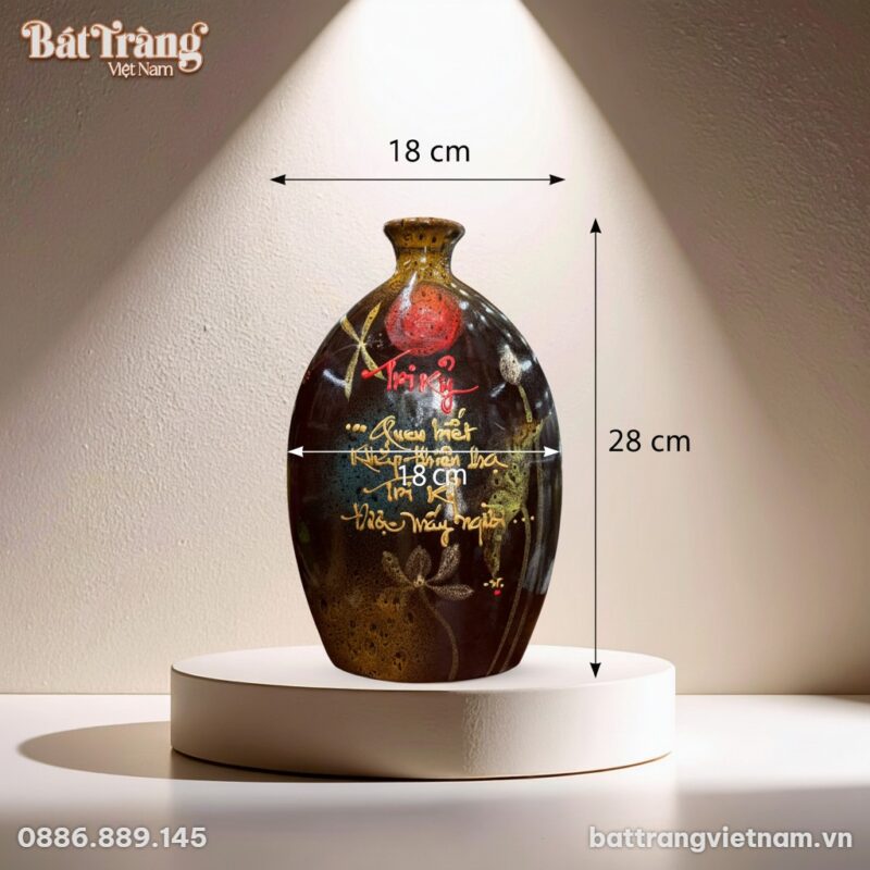 Kích thước Lọ hoa dáng dẹp men hoả biến chữ Tri Kỉ BT-LHS29