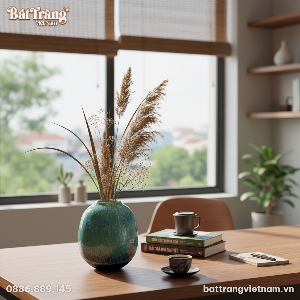 Lọ hoa gốm B&aacute;t Tr&agrave;ng men hỏa biến xanh ngọc cao...