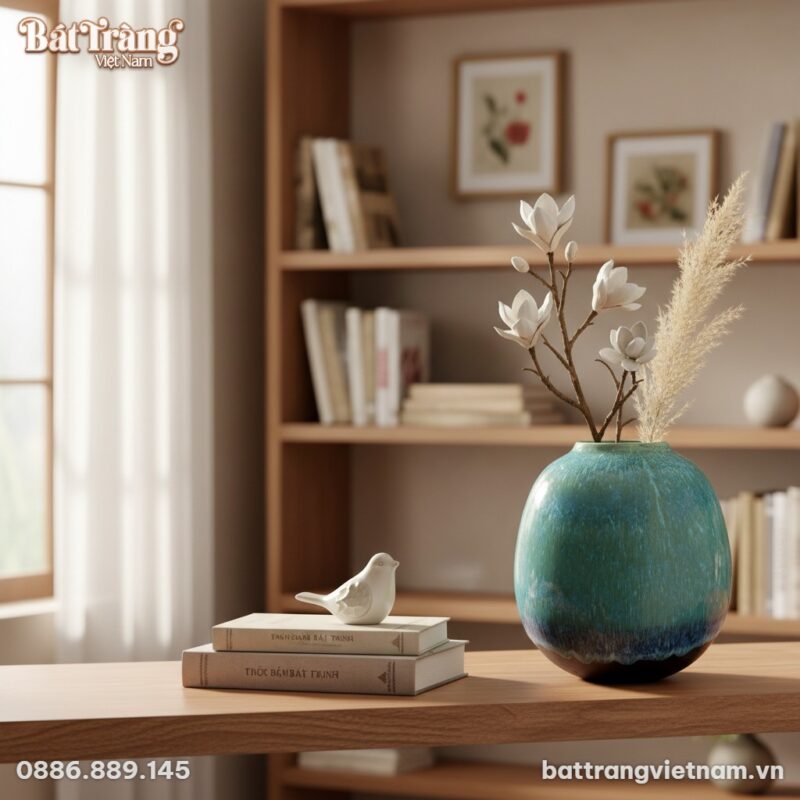 Cận cảnh lọ hoa gốm Bát Tràng men hỏa biến xanh...