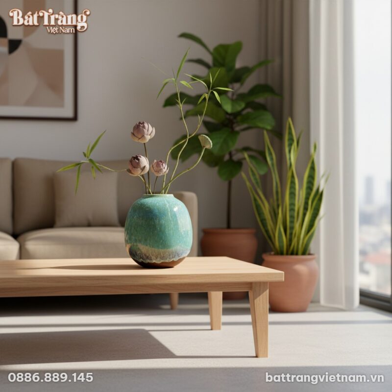 Lọ hoa gốm Bát Tràng men hỏa biến xanh ngọc cao...