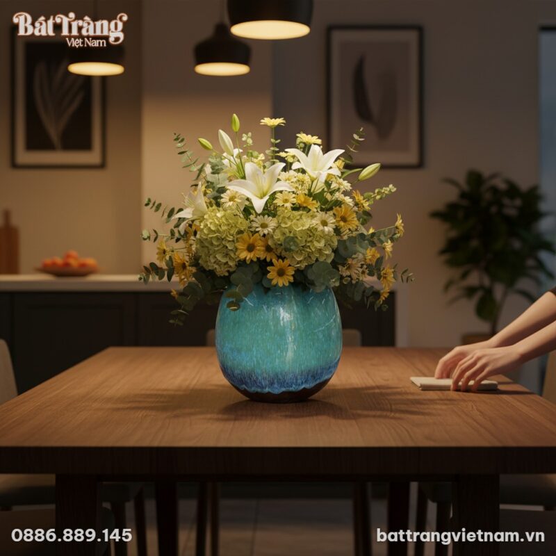 Trên bàn ăn gỗ sẫm màu trong một căn bếp Việt h...