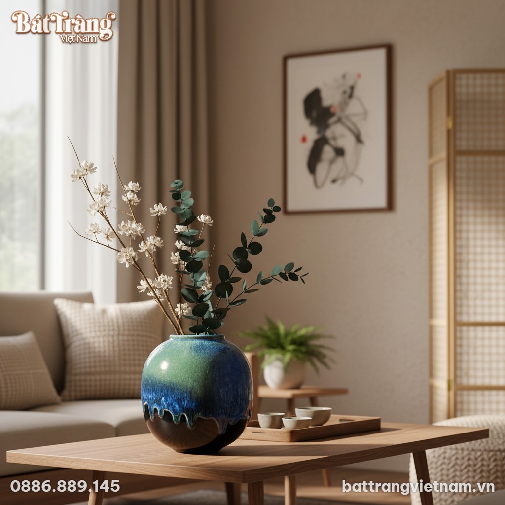 Lọ hoa men chảy (cao 22cm) trên bàn trà gỗ đơn ...