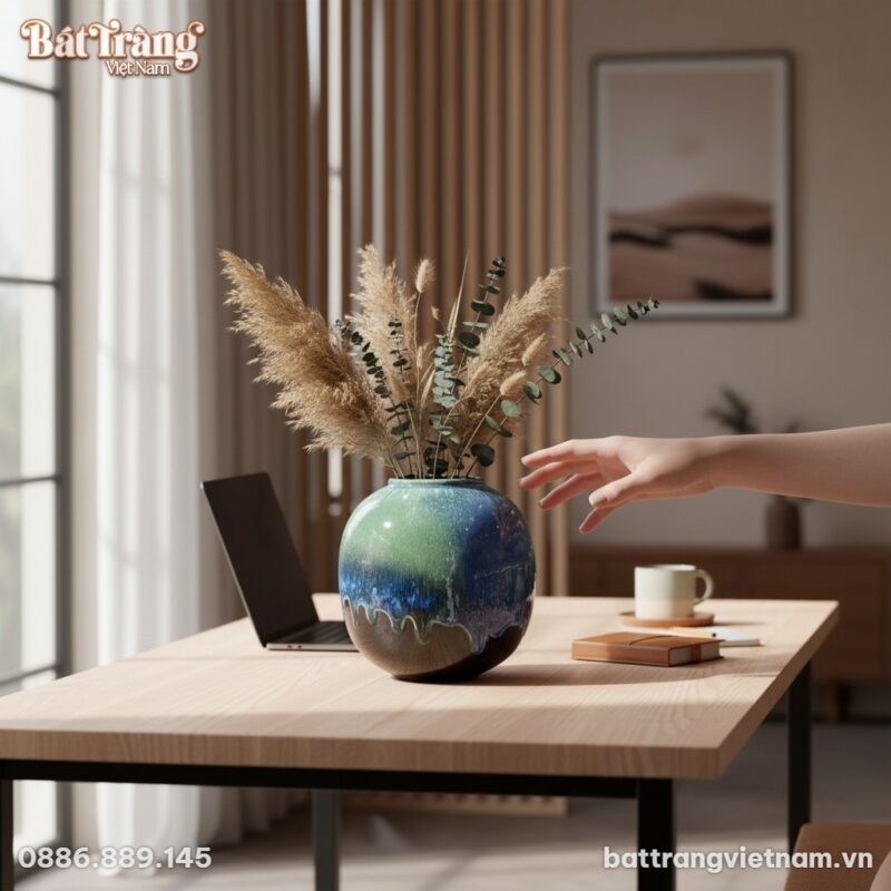 Lọ hoa men sóng biển (cao 22cm) đặt trên bàn là... Lọ hoa men sóng biển (cao 22cm) đặt trên bàn là...