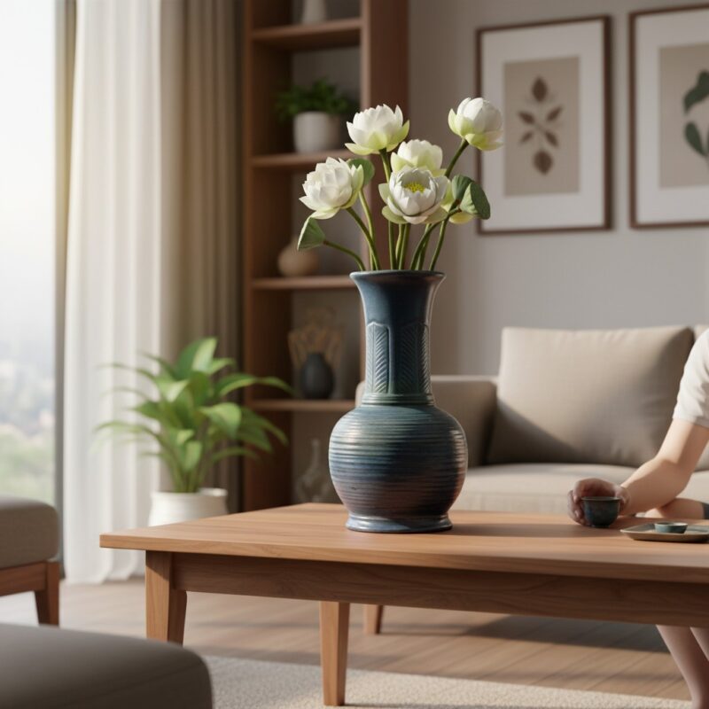 Lọ hoa gốm Bát Tràng dáng tỏi men xanh dương ca...