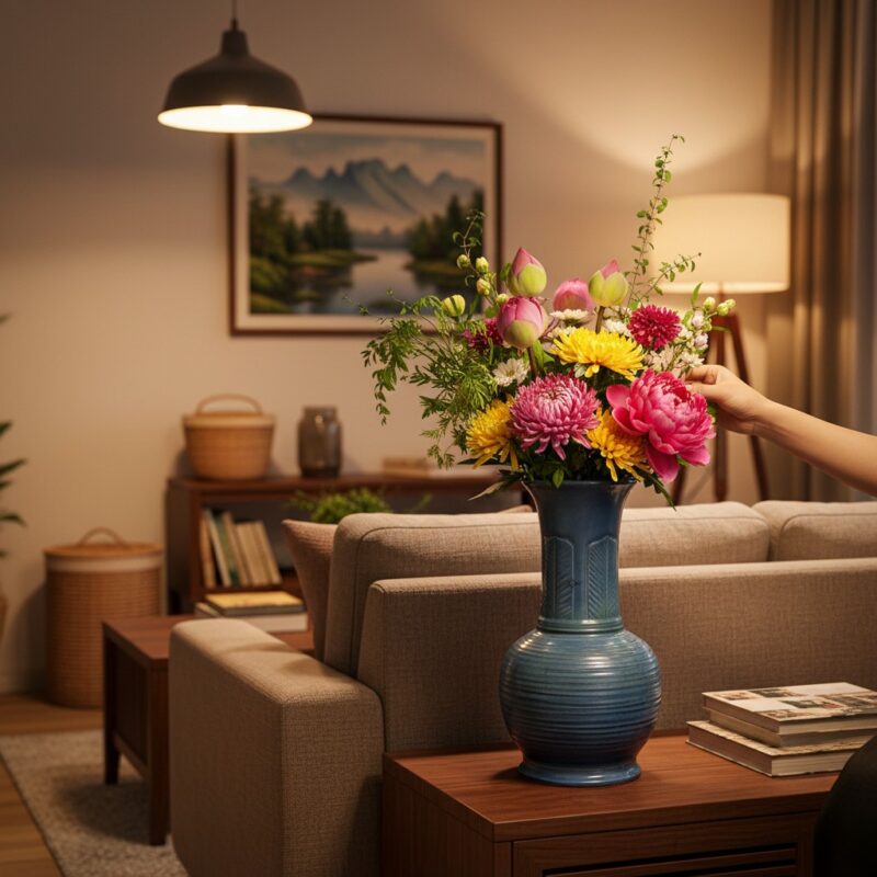 Phòng khách gia đình Việt Nam ấm cúng, lọ hoa g...