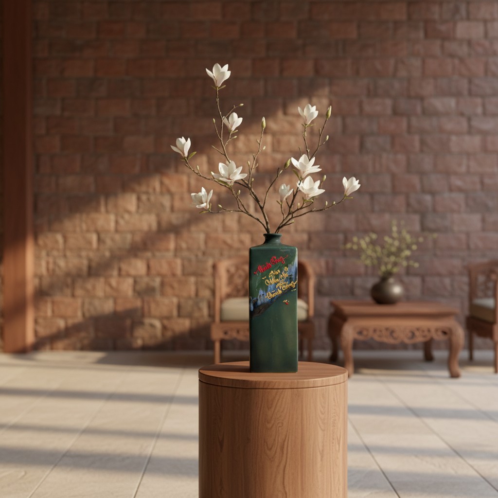 Lọ hoa BT-LHS30 đặt trên chiếc đôn gỗ cao 60cm ...