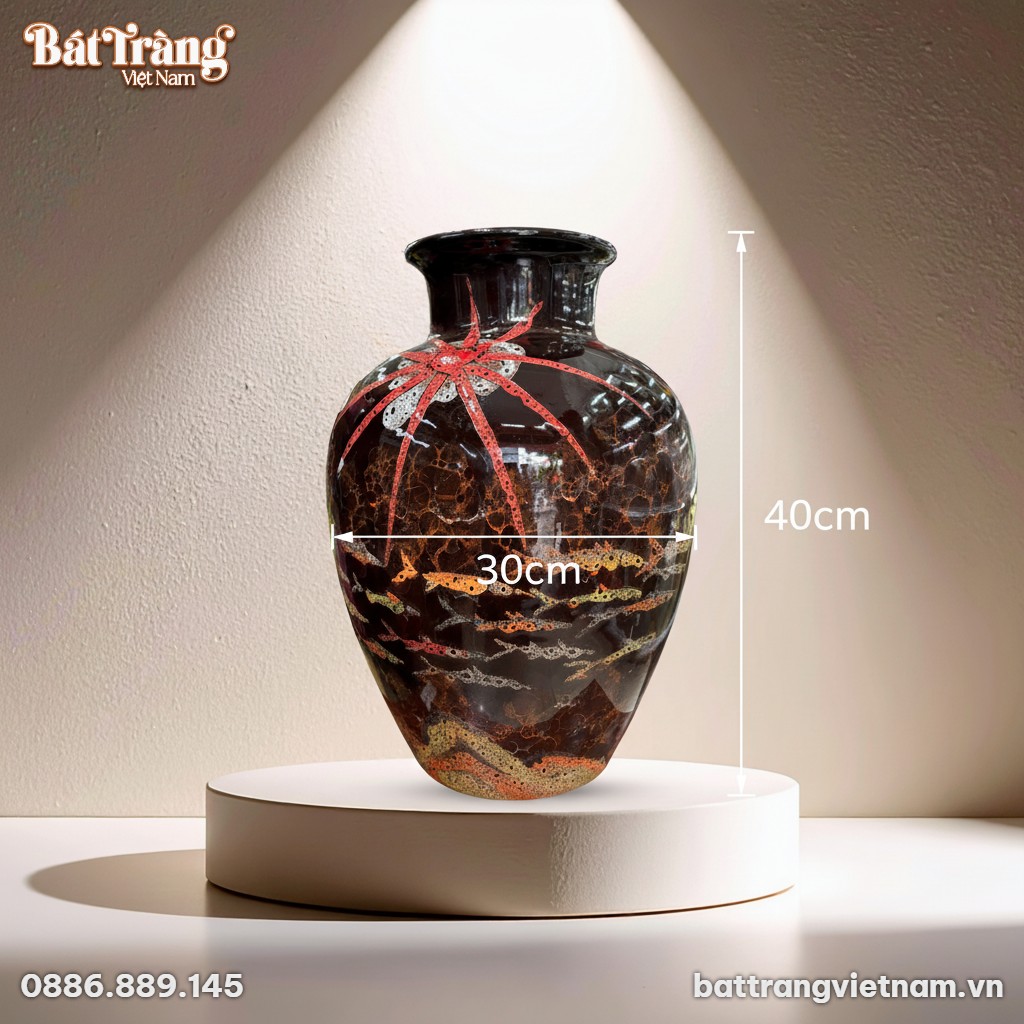 K&iacute;ch thước Lọ hoa d&aacute;ng v&ograve; cổ đứng men hoả biến hoạ tiết đ&agrave;n c&aacute; BT-LGS22