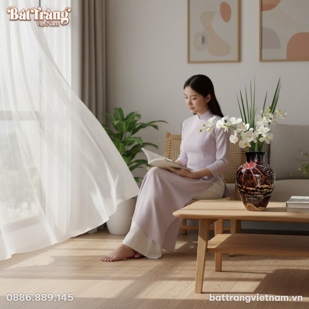 Một lọ hoa gốm B&aacute;t Tr&agrave;ng men hoả biến hoạ tiết ...