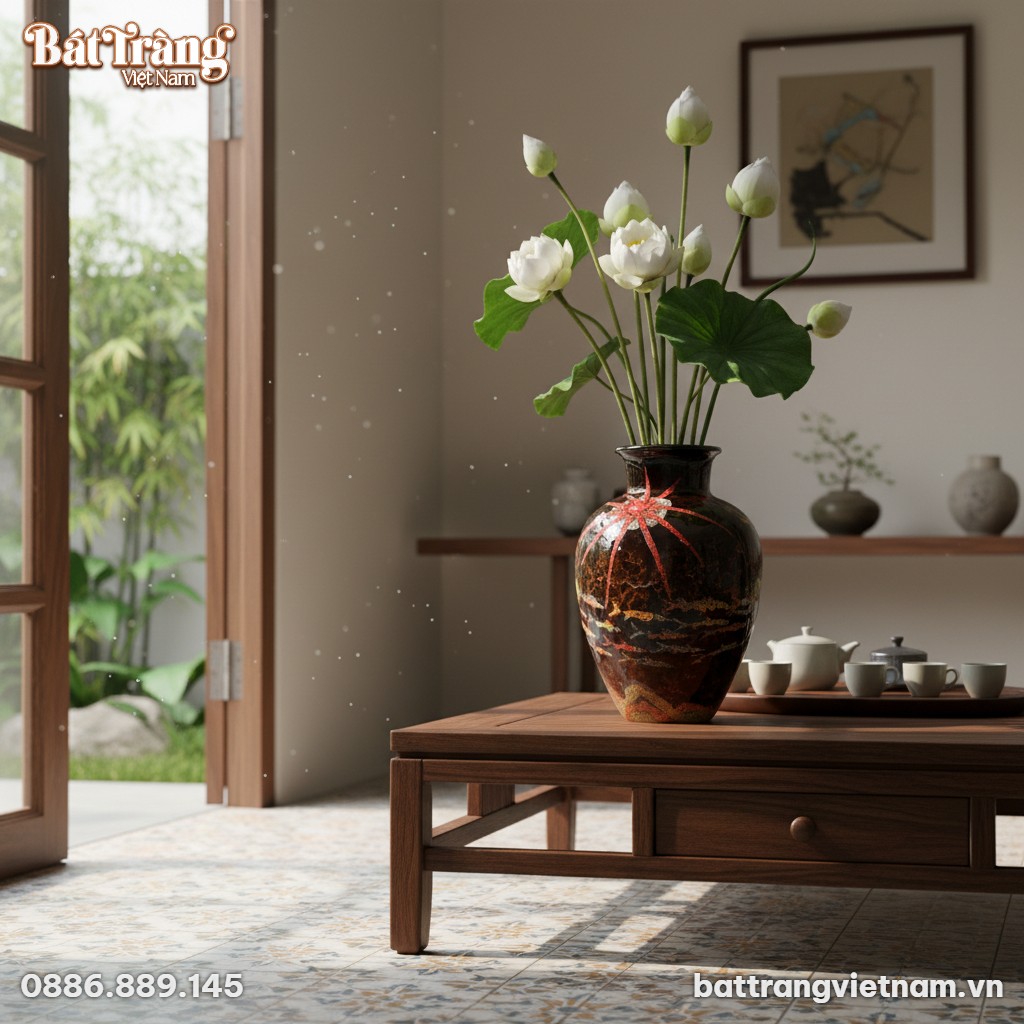 Một lọ hoa gốm B&aacute;t Tr&agrave;ng men hoả biến với hiệu ...