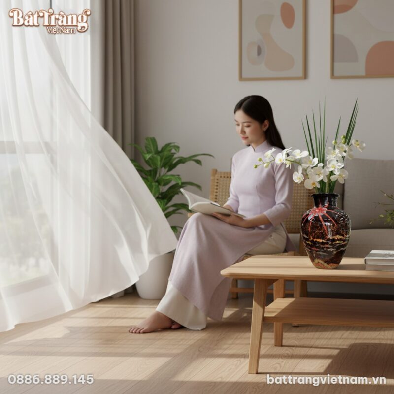 Một lọ hoa gốm Bát Tràng men hoả biến hoạ tiết ...