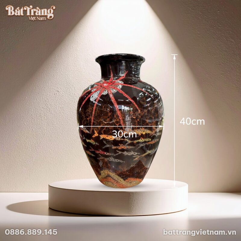 Kích thước Lọ hoa dáng vò cổ đứng men hoả biến hoạ tiết đàn cá BT-LGS22
