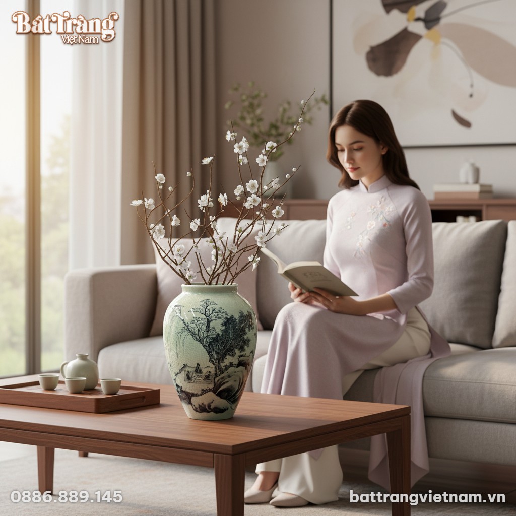 Lọ hoa gốm B&aacute;t Tr&agrave;ng men rạn xanh ngọc cao 30cm...