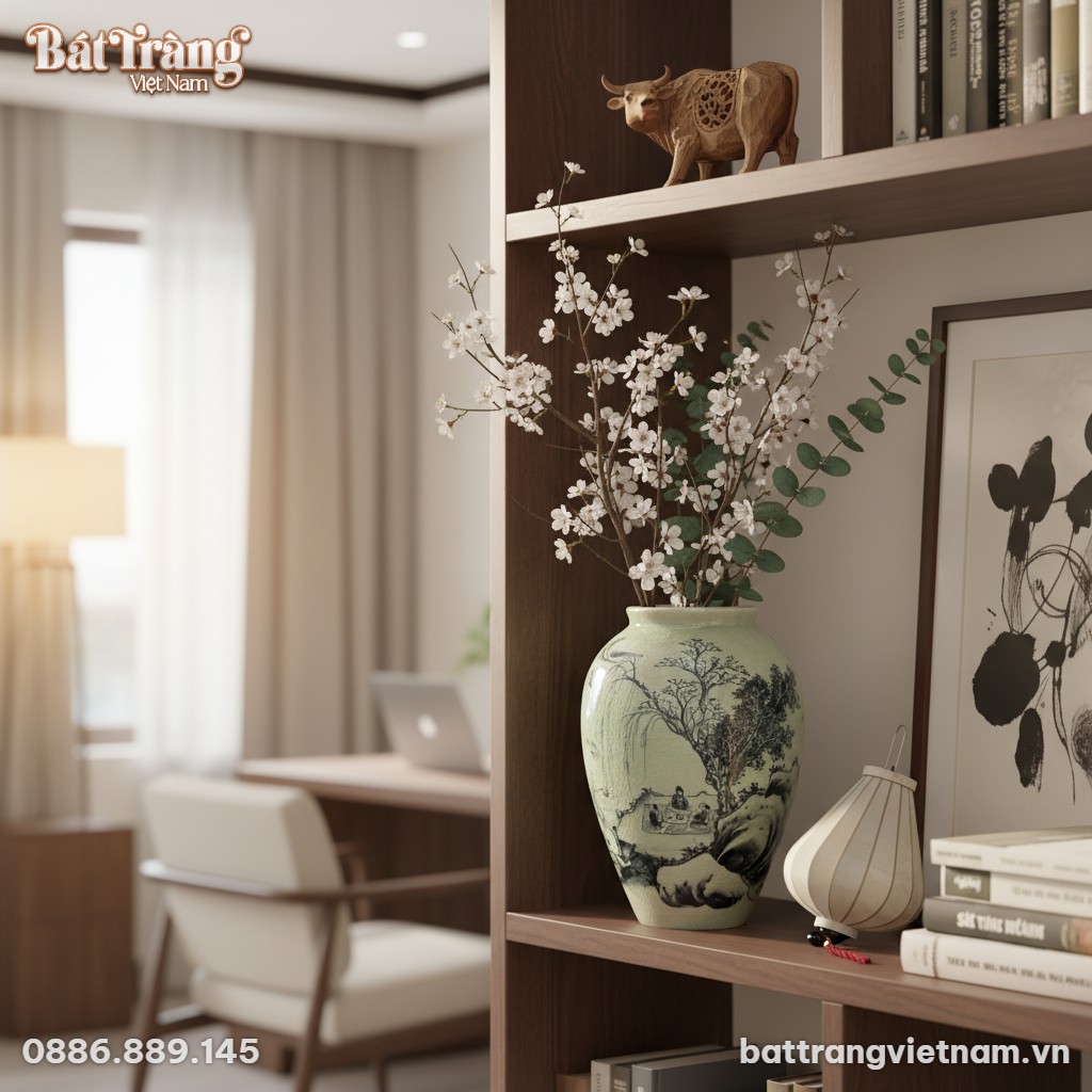 Một lọ hoa gốm B&aacute;t Tr&agrave;ng men rạn xanh ngọc cao ...