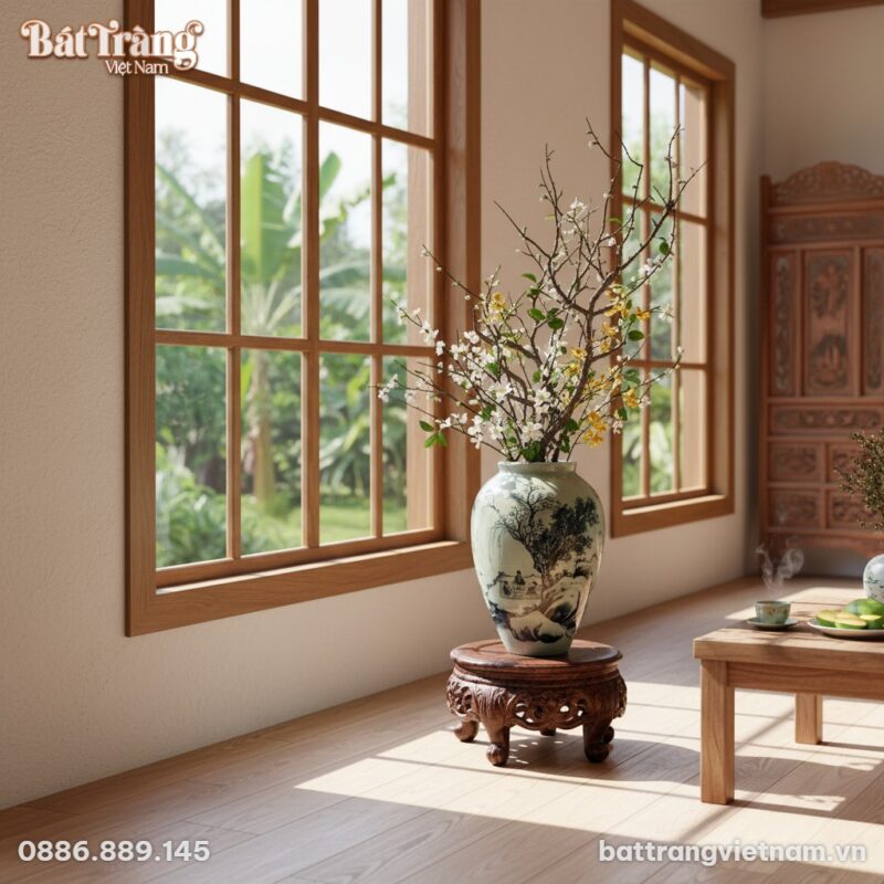 Cận cảnh lọ hoa gốm Bát Tràng men rạn xanh ngọc...