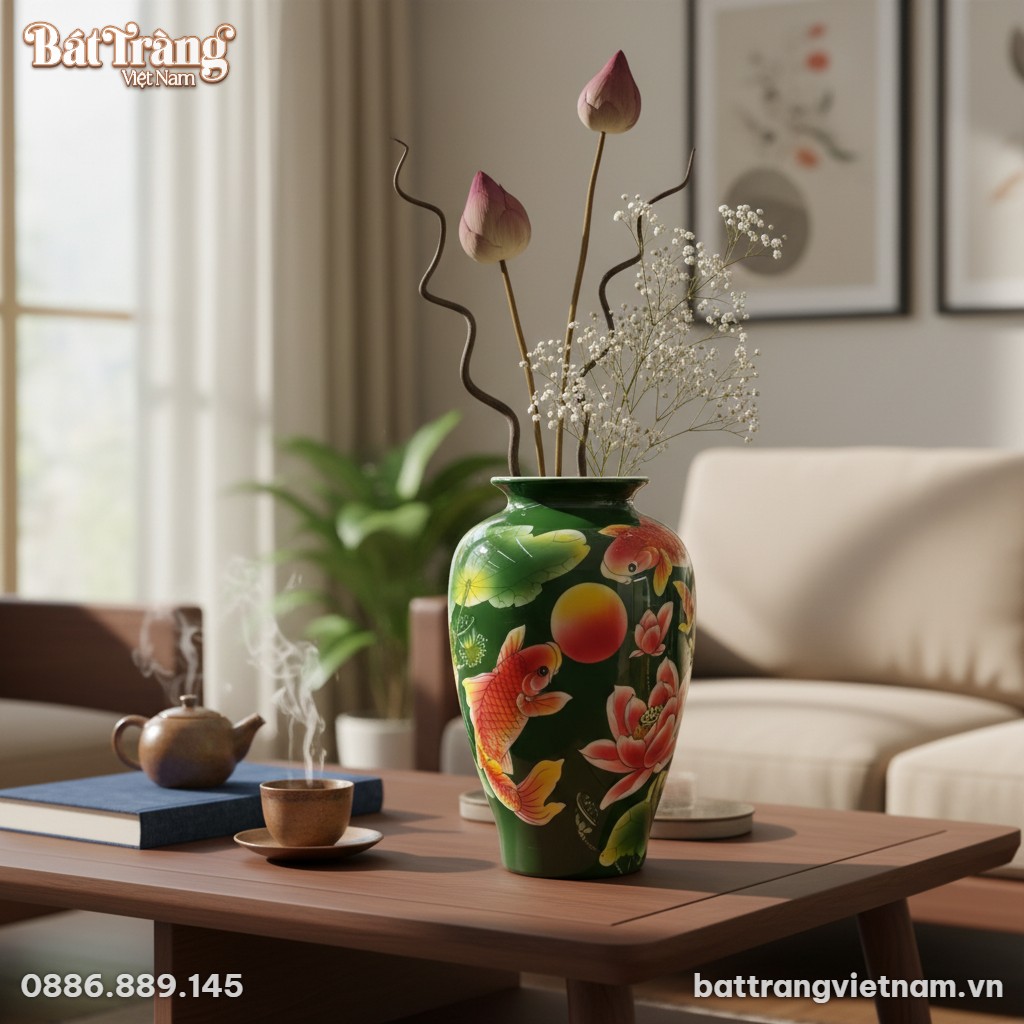 Một lọ hoa gốm sứ B&aacute;t Tr&agrave;ng họa tiết sen c&aacute; cao...