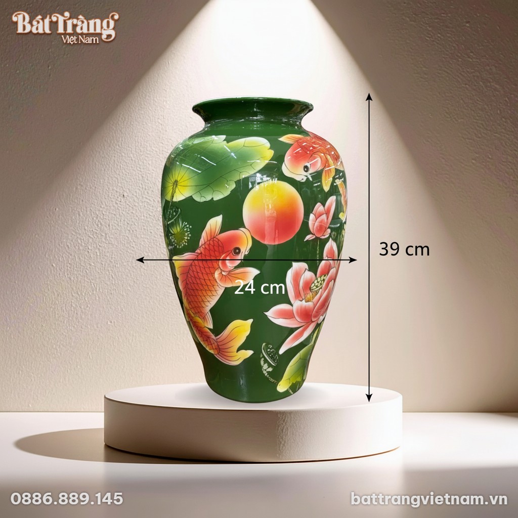 K&iacute;ch thước Lọ hoa d&aacute;ng v&ograve; miệng loe hoạ tiết sen c&aacute; BT-LH104