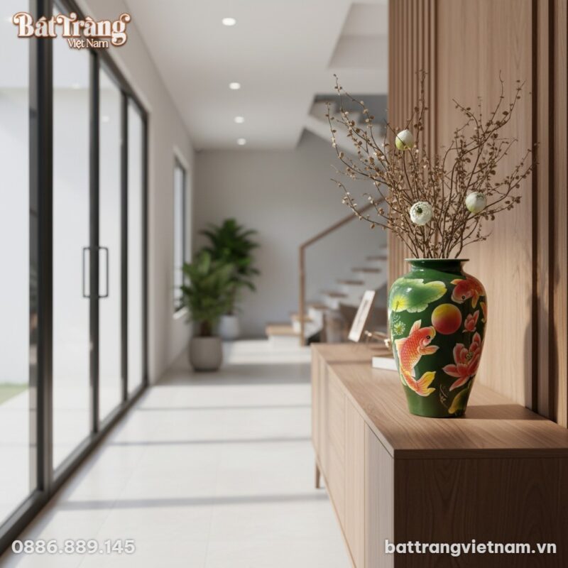 Lọ hoa gốm sứ Bát Tràng họa tiết sen cá cao 39c...