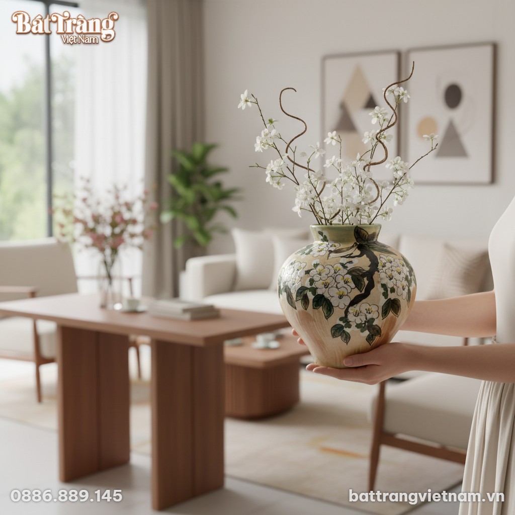 Đ&ocirc;i b&agrave;n tay lịch thiệp đang n&acirc;ng niu lọ hoa gốm...