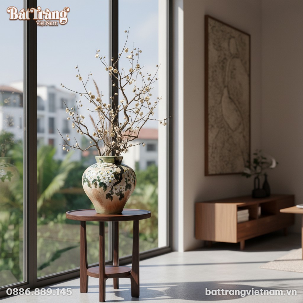 Cận cảnh lọ hoa gốm B&aacute;t Tr&agrave;ng họa tiết hoa mai ...