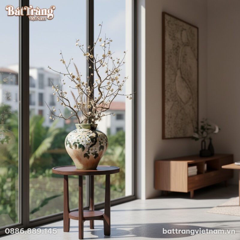 Cận cảnh lọ hoa gốm Bát Tràng họa tiết hoa mai ...
