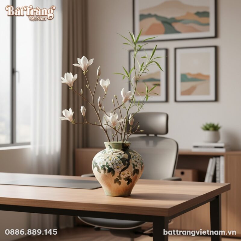 Lọ hoa gốm Bát Tràng họa tiết hoa mai và chim é...