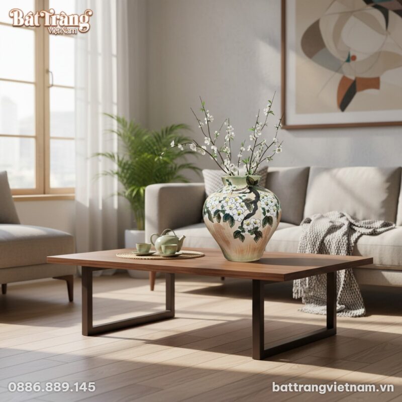 Lọ hoa gốm Bát Tràng họa tiết hoa mai và chim é...