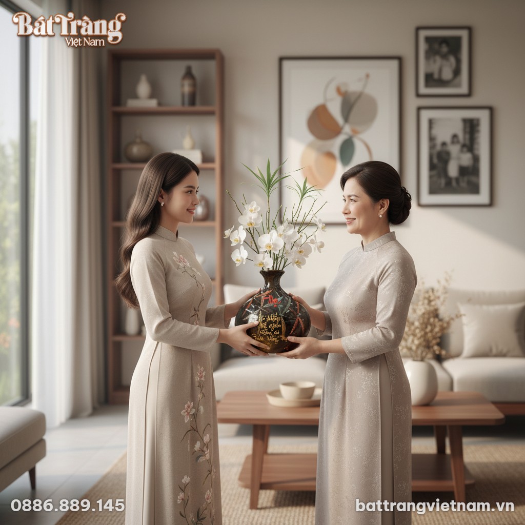 Một người con g&aacute;i thanh lịch trao lọ hoa giọt n...