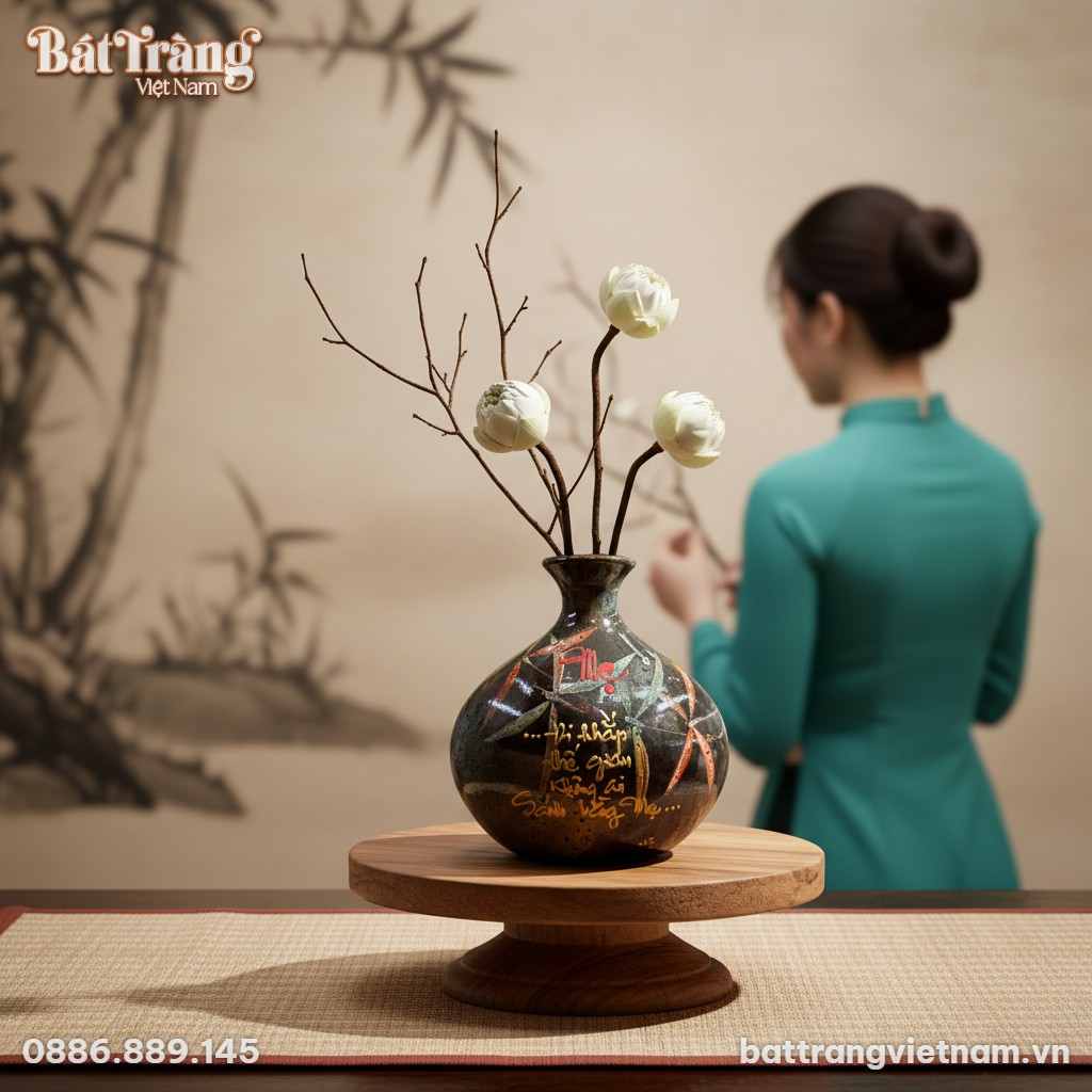 Cận cảnh lọ hoa giọt nước thư ph&aacute;p chữ Mẹ, nổi ...