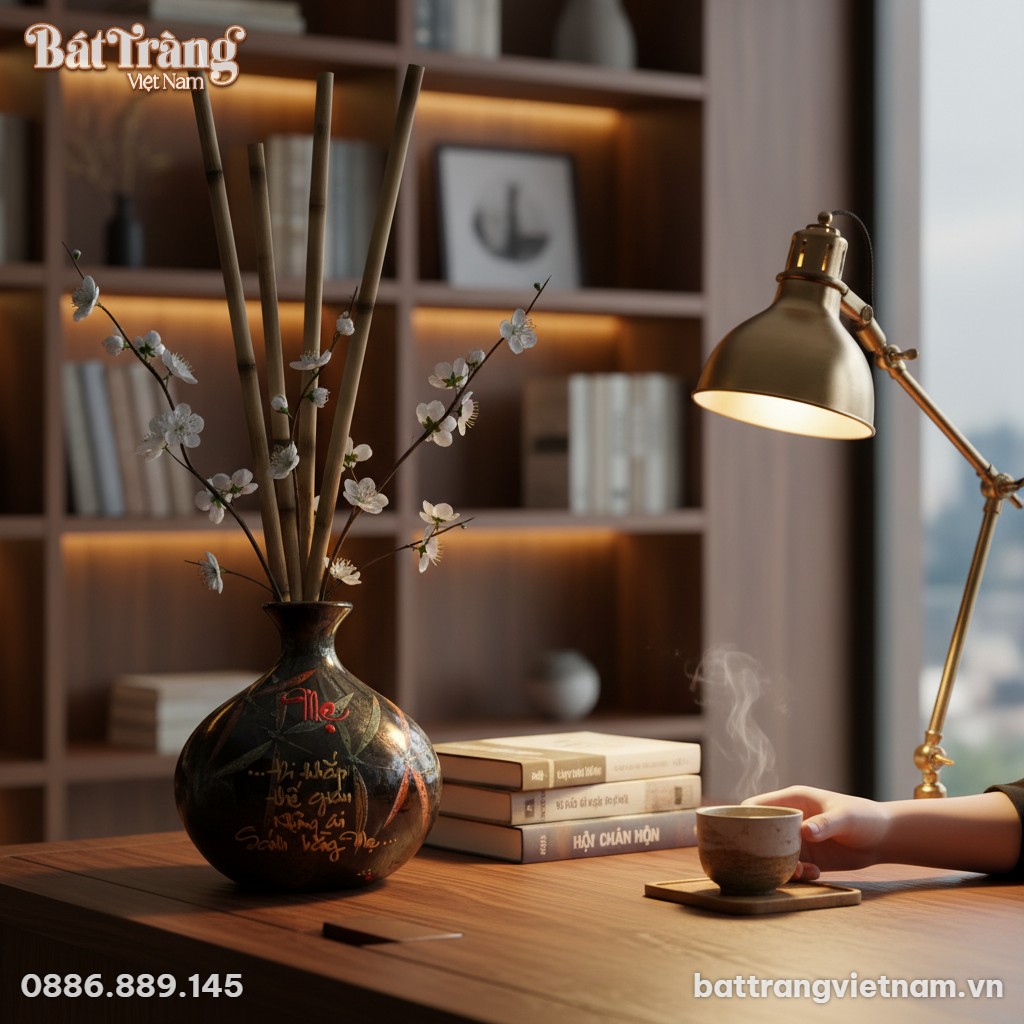 Lọ hoa giọt nước thư ph&aacute;p chữ Mẹ đặt tr&ecirc;n b&agrave;n l...