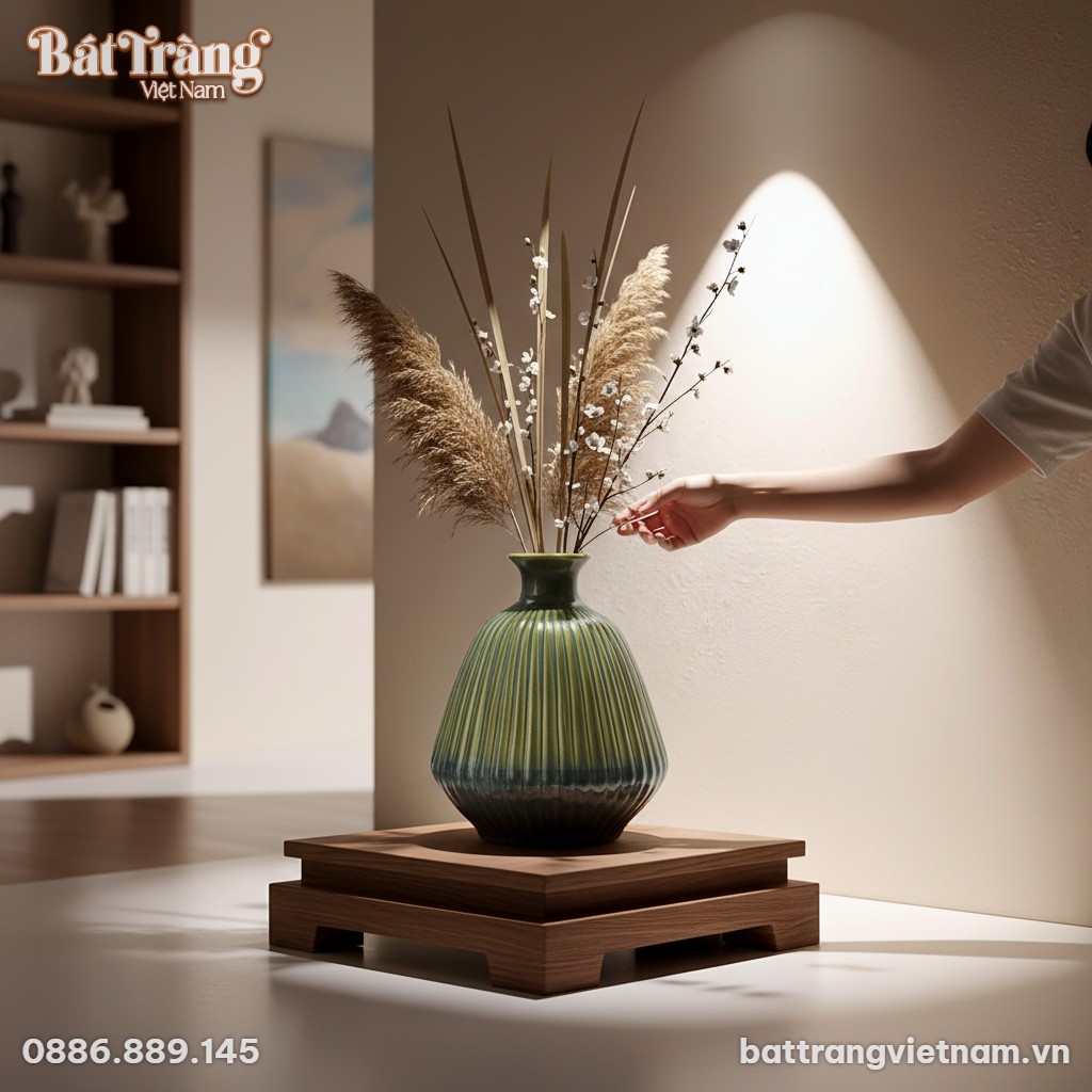 Lọ hoa gốm Bát Tràng dáng bầu, cao 30cm, với me...