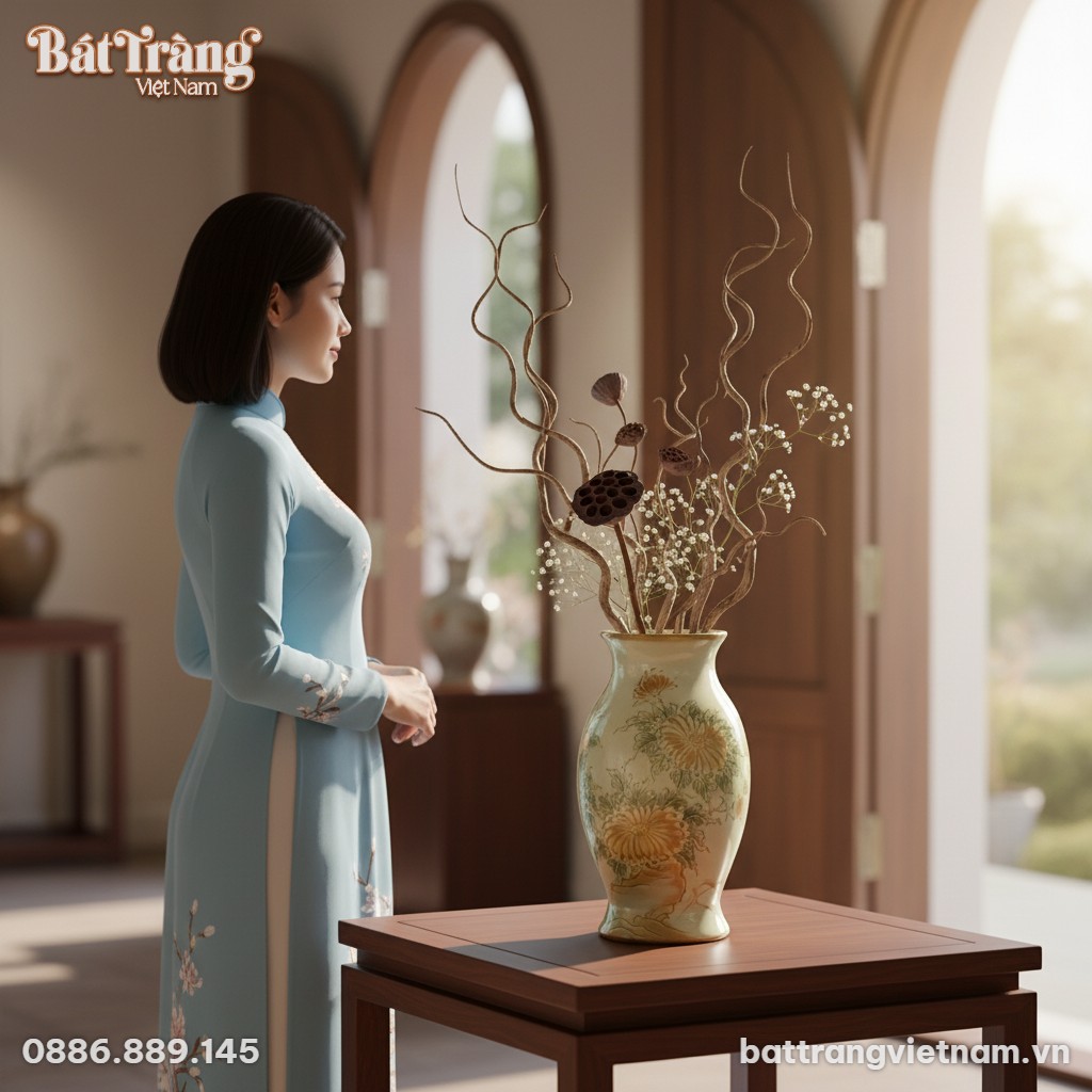 Cận cảnh lọ hoa gốm sứ B&aacute;t Tr&agrave;ng cao 30cm, nền ...