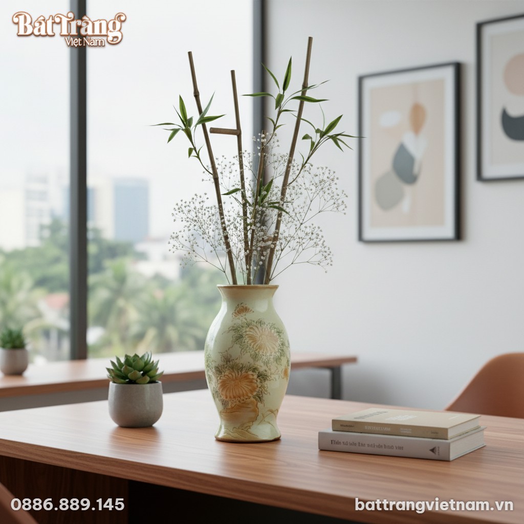 Lọ hoa gốm sứ B&aacute;t Tr&agrave;ng cao 30cm, nền men trắng...