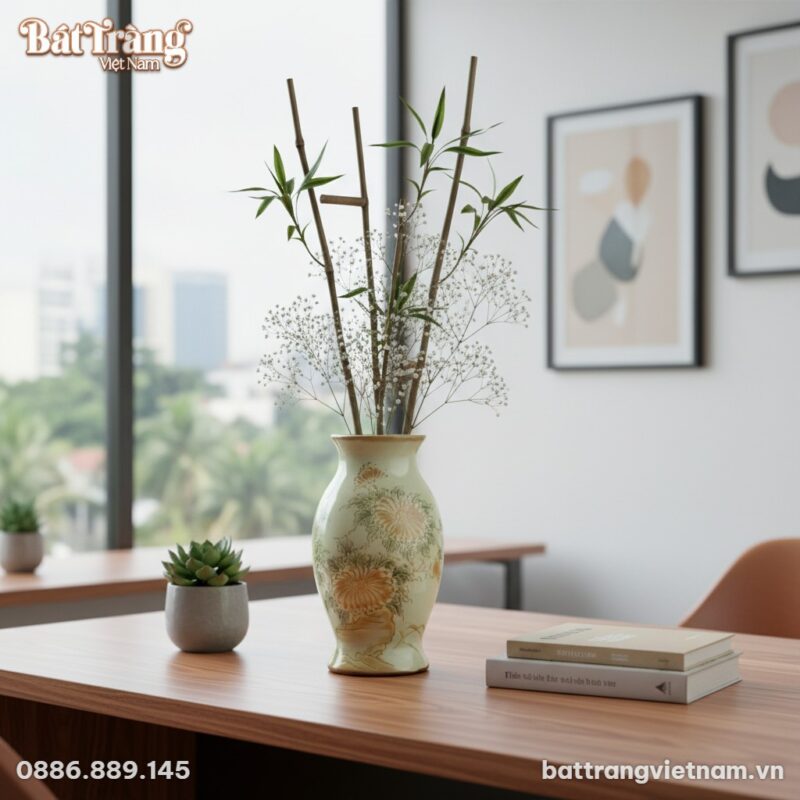 Lọ hoa gốm sứ Bát Tràng cao 30cm, nền men trắng...