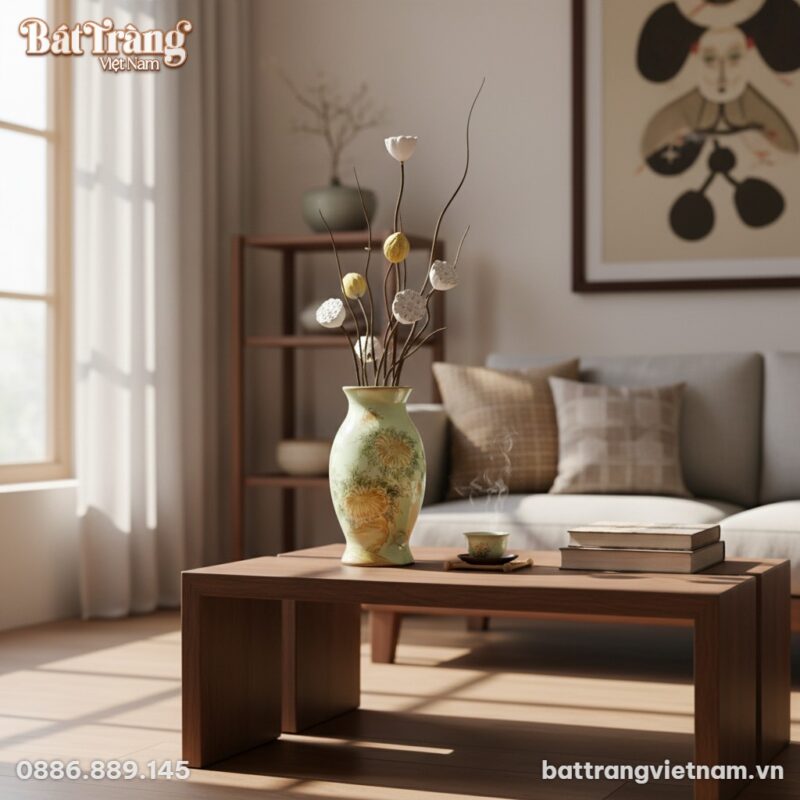 Lọ hoa gốm sứ Bát Tràng cao 30cm, nền men trắng...