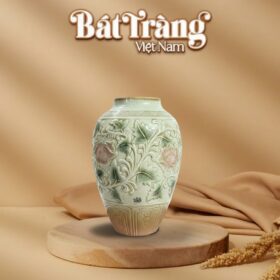 Lọ hoa men xanh ngọc khắc hoa phù dung BT-LHS14