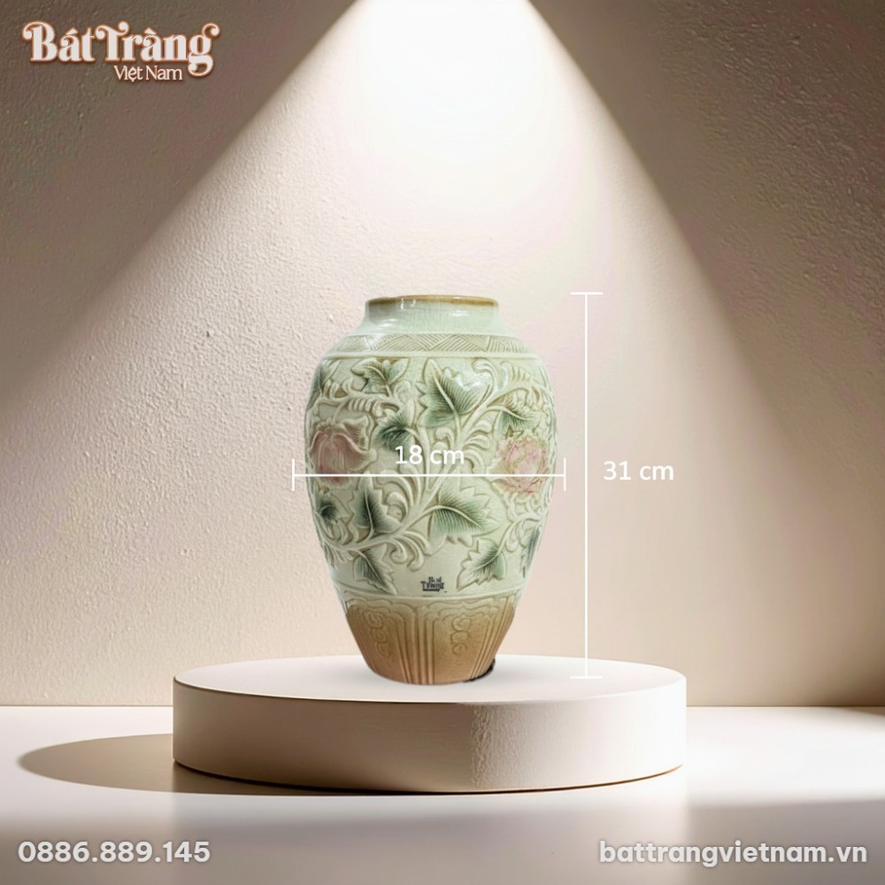 K&iacute;ch thước Lọ hoa men xanh ngọc khắc hoa ph&ugrave; dung BT-LHS14
