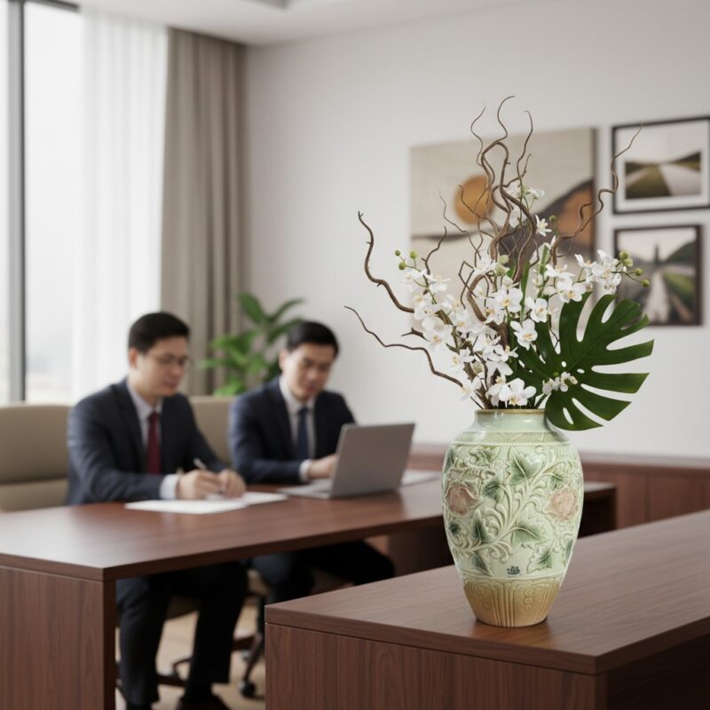 Lọ hoa men xanh ngọc khắc hoa phù dung Bát Tràn...