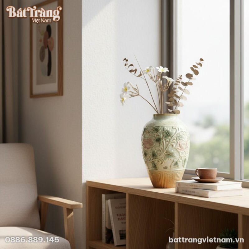 Một lọ hoa men xanh ngọc khắc hoa phù dung Bát ...